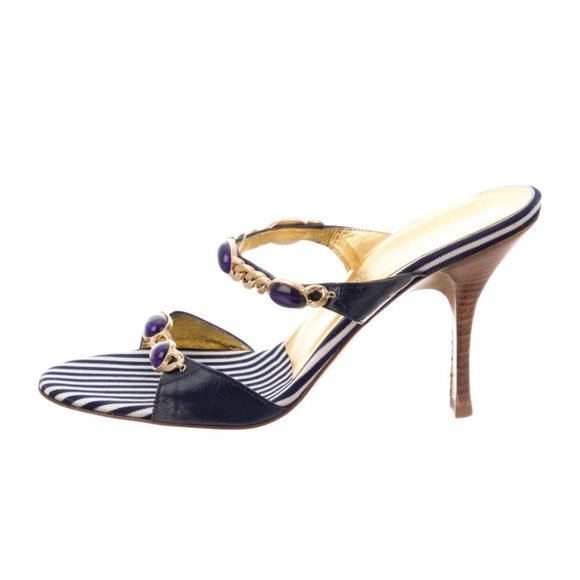 Giuseppe Zanotti /White Stripe Leather Chain -Link Blue Stones Sandal's 8.5 M - Picture 1 of 9